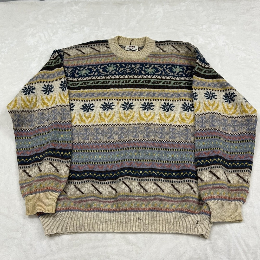 Sisley Sweater Mens Large Beige Fair Isle Knit Made in Italy Vintage Relaxed